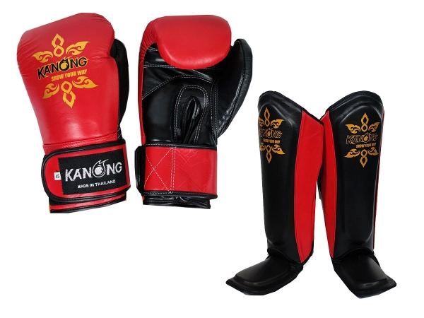 Kanong Real Leather Kit - Boxing Gloves and Shin Pads : Red/Black